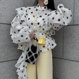 Dot Ruffled Tie Stand Collar Blouse
