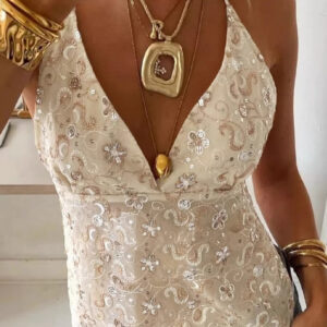 Backless Slim Sequin V Neck Halter Top